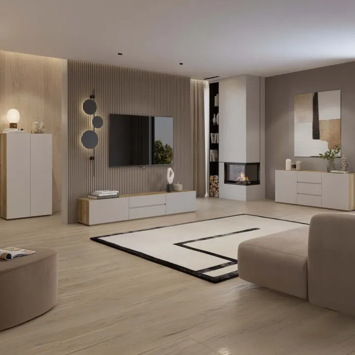 Mobile TV basso 200x36h cm 2 cassetti 2 ante a ribalta cashmere rovere Delia