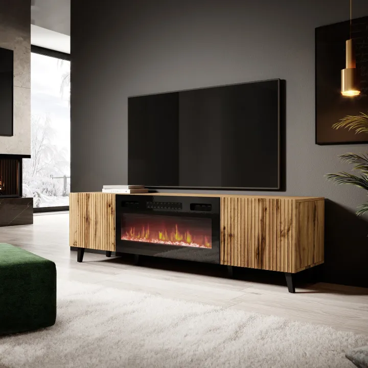 Mobile TV moderno 181x50h cm con camino elettrico cannettato quercia Essence