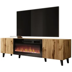 Mobile TV moderno 181x50h cm con camino elettrico cannettato quercia Essence
