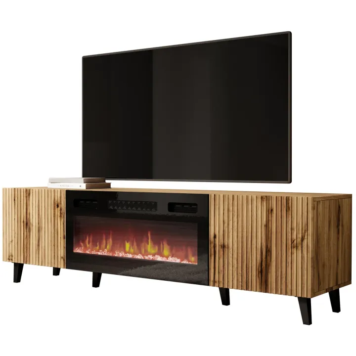 Mobile TV moderno 181x50h cm con camino elettrico cannettato quercia Essence