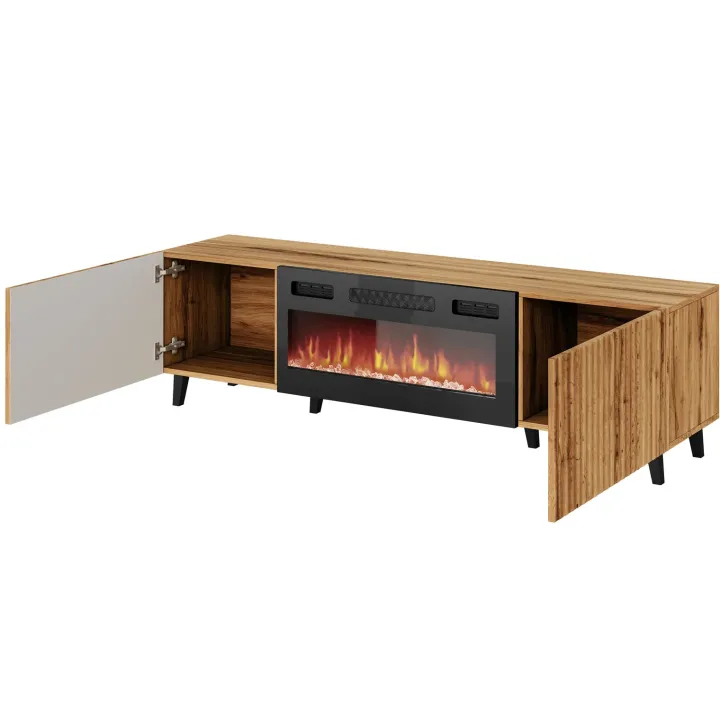 Mobile TV moderno 181x50h cm con camino elettrico cannettato quercia Essence
