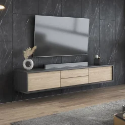 Mobile TV soggiorno sospeso 180x32h cm 2 ante a ribalta 2 cassetti rovere grigio Glem