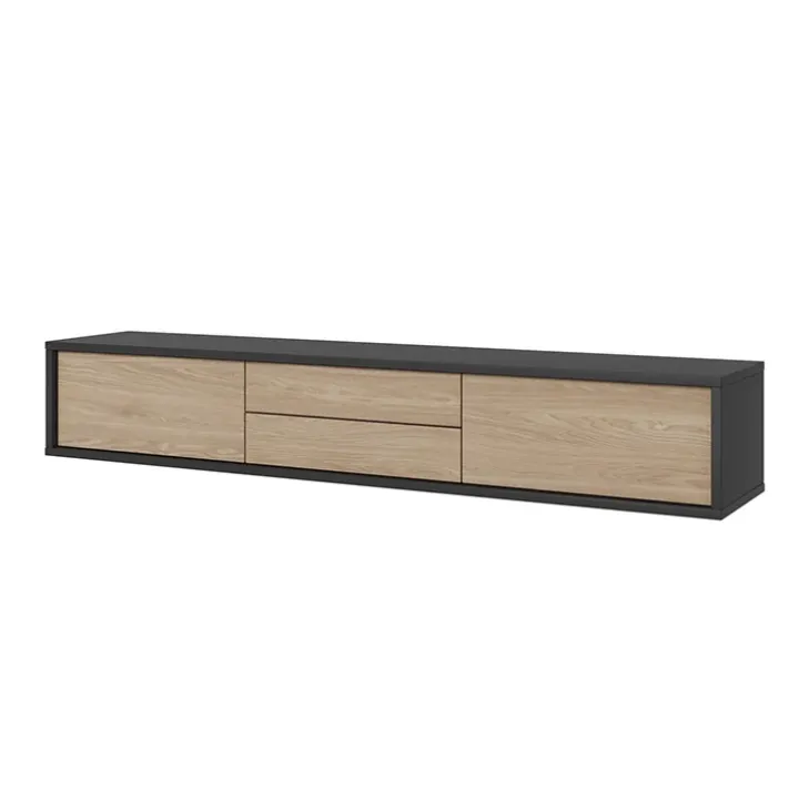 Mobile TV soggiorno sospeso 180x32h cm 2 ante a ribalta 2 cassetti rovere grigio Glem