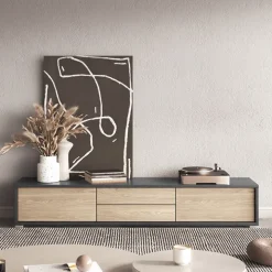 Mobile TV soggiorno sospeso 180x32h cm 2 ante a ribalta 2 cassetti rovere grigio Glem