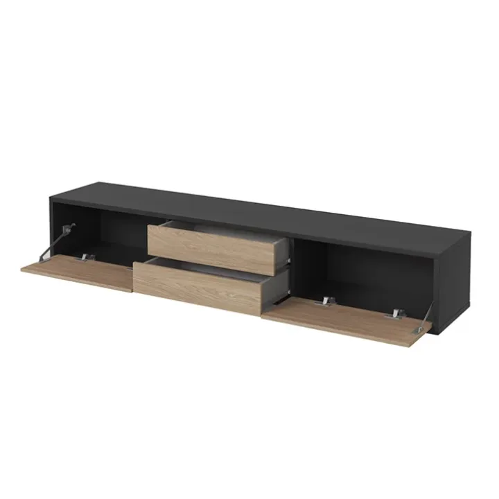 Mobile TV soggiorno sospeso 180x32h cm 2 ante a ribalta 2 cassetti rovere grigio Glem