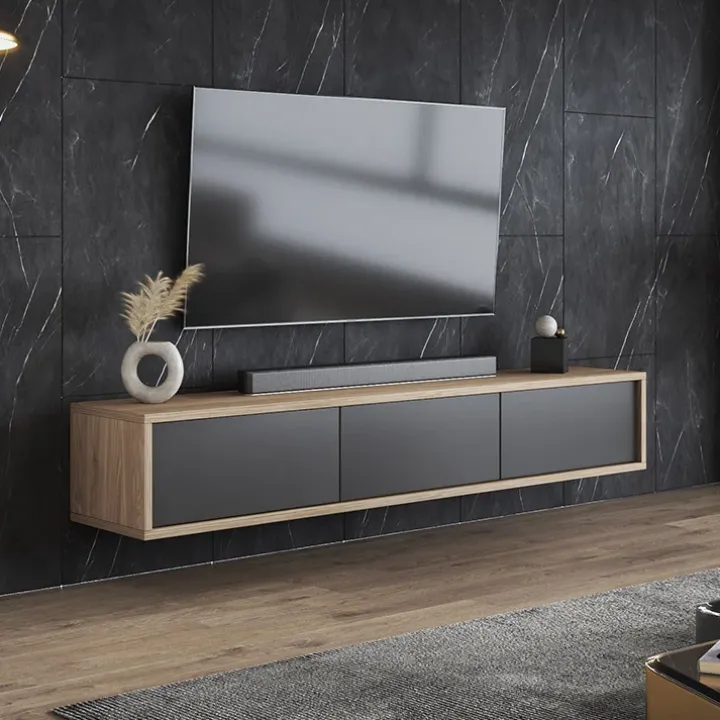 Mobile TV soggiorno sospeso 180x32h cm 3 ante a ribalta antracite rovere Glem