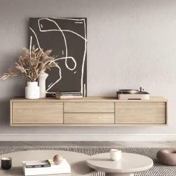 Mobile TV soggiorno sospeso 180x32h cm 2 ante a ribalta 2 cassetti rovere Glem
