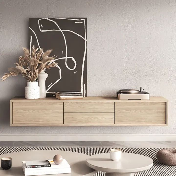 Mobile TV soggiorno sospeso 180x32h cm 2 ante a ribalta 2 cassetti rovere Glem