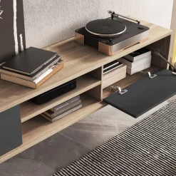 Mobile TV soggiorno sospeso 180x32h cm 2 ante a ribalta 2 vani antracite rovere Glem