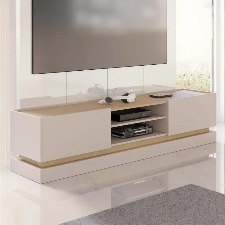 Mobile TV 200x47h cm 2 ante a ribalta 2 vani a vista beige rovere Rhea