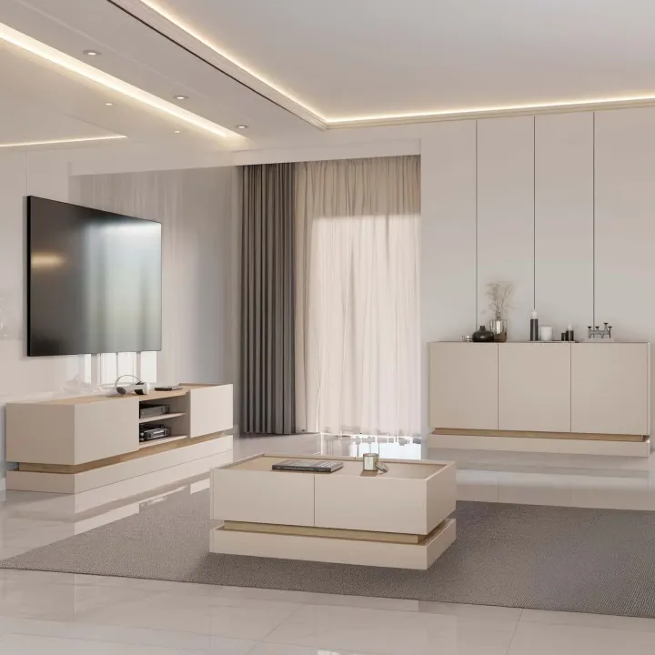 Mobile TV 200x47h cm 2 ante a ribalta 2 vani a vista beige rovere Rhea