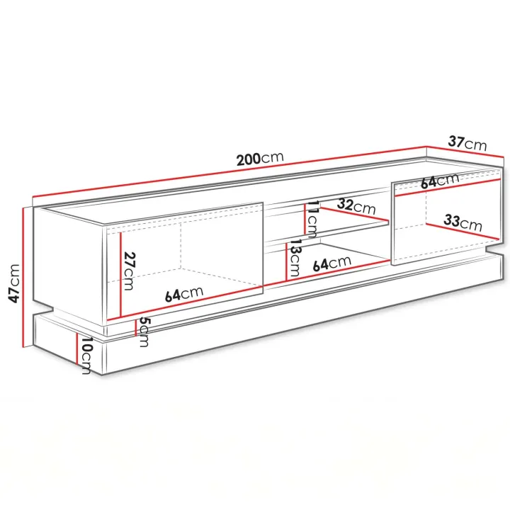 Mobile TV 200x47h cm 2 ante a ribalta 2 vani a vista beige rovere Rhea