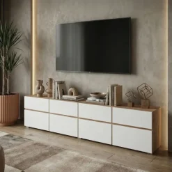 Mobile tv 225x49h cm 4 ante 4 cassetti bianco rovere Lolla