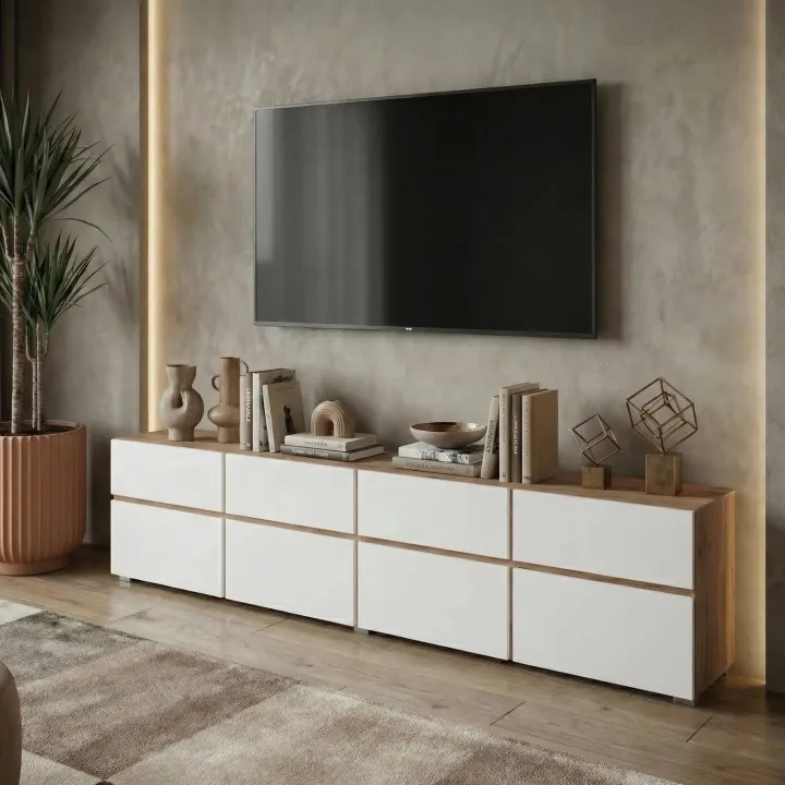 Mobile tv 225x49h cm 4 ante 4 cassetti bianco rovere Lolla