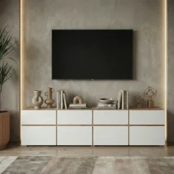 Mobile tv 225x49h cm 4 ante 4 cassetti bianco rovere Lolla