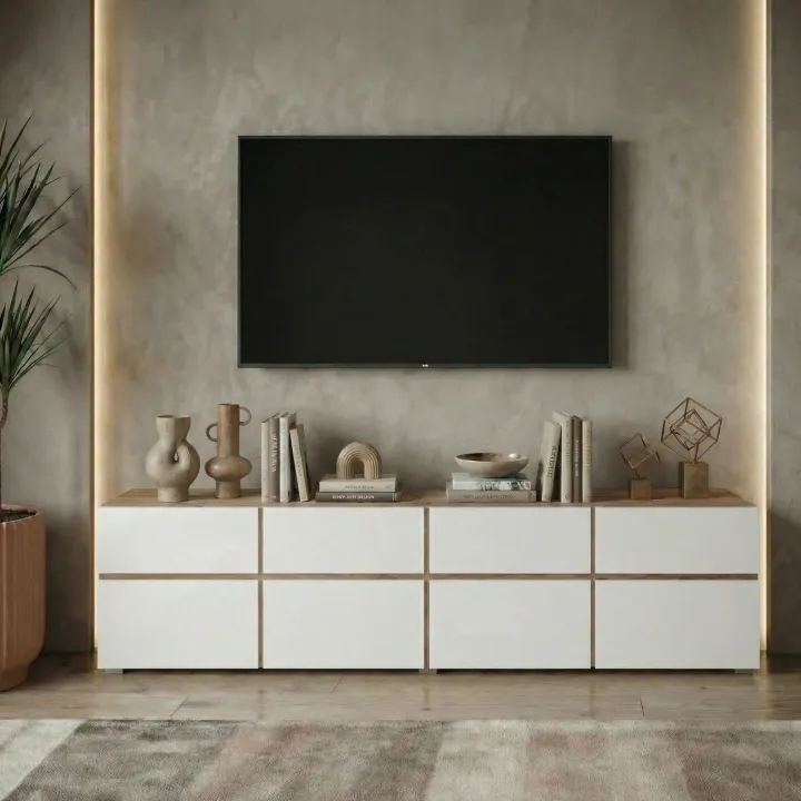 Mobile tv 225x49h cm 4 ante 4 cassetti bianco rovere Lolla