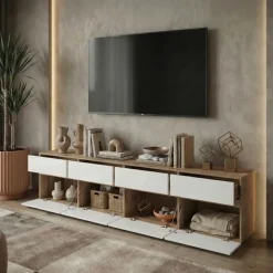 Mobile tv 225x49h cm 4 ante 4 cassetti bianco rovere Lolla