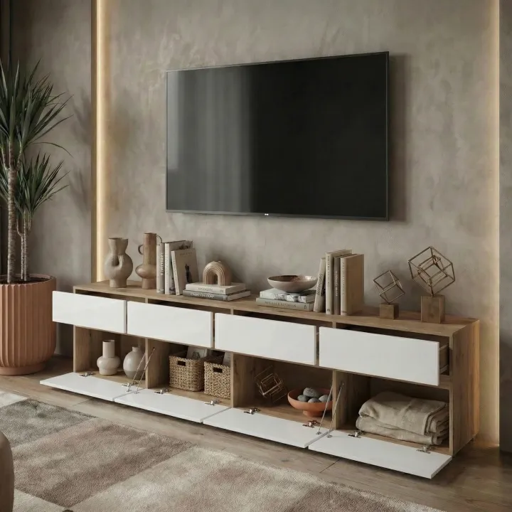Mobile tv 225x49h cm 4 ante 4 cassetti bianco rovere Lolla