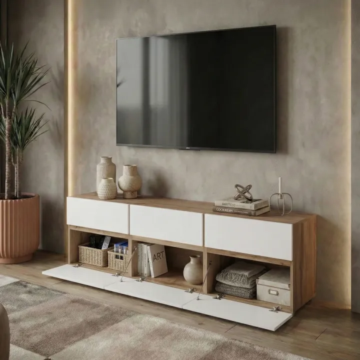 Mobile tv 180x49h cm 3 ante 3 cassetti bianco rovere Lolla