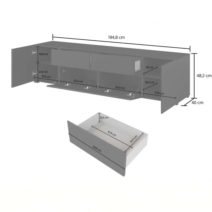 Mobile tv 195x48h cm 2 ante 2 cassetti 2 ribaltine nero Edge