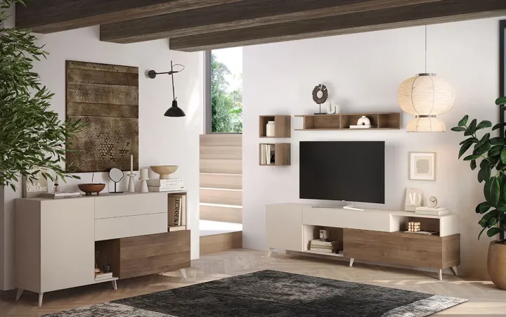Mobile TV 241x67h cm 2 ante 1 cassetto beige rovere scuro Witty