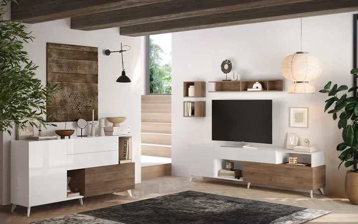 Mobile TV 241x67h cm 2 ante 1 cassetto bianco lucido rovere scuro Witty