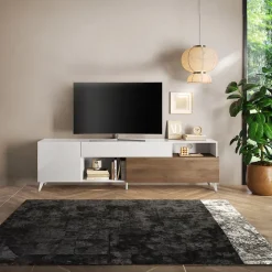 Mobile TV 241x67h cm 2 ante 1 cassetto bianco lucido rovere scuro Witty