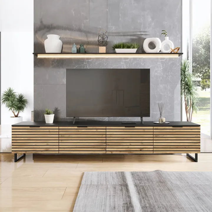 Mobile TV 200x40h cm design rustico cannettato rovere nero List