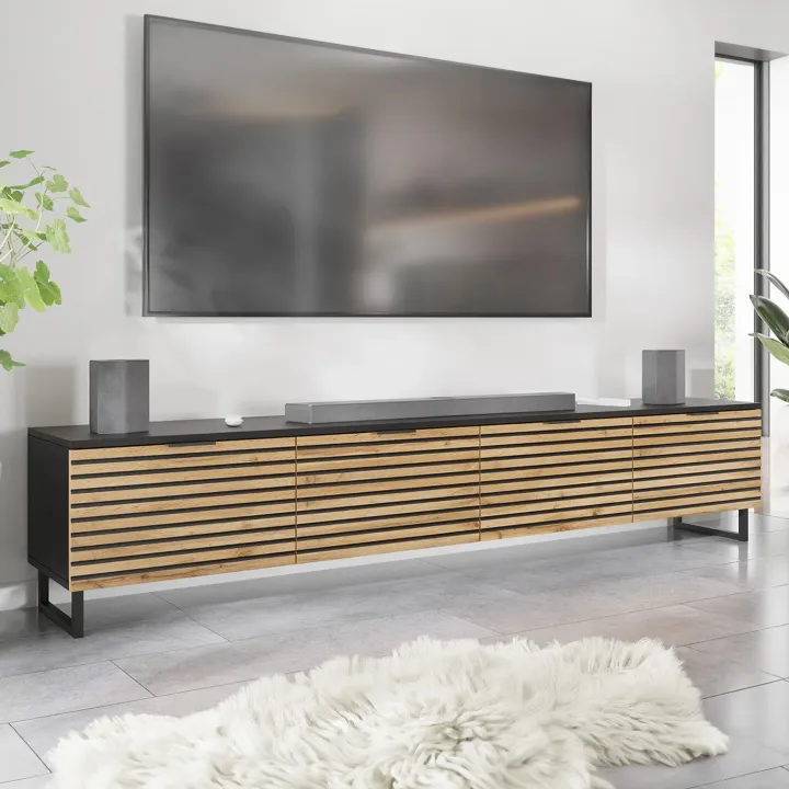 Mobile TV 200x40h cm design rustico cannettato rovere nero List