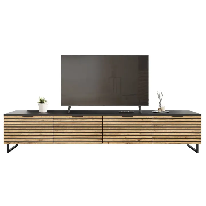 Mobile TV 200x40h cm design rustico cannettato rovere nero List