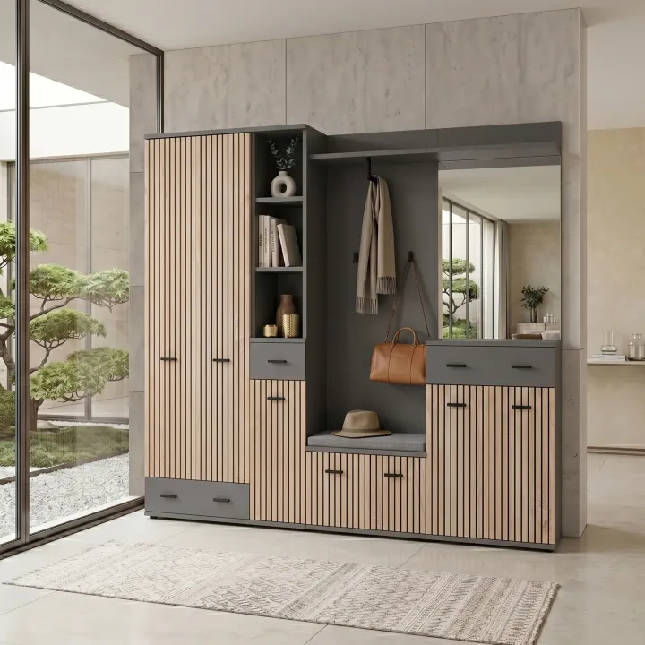Modulo basso ingresso 2 ante 60x46h cm stampa a righe rovere rustico antracite California Gihome®