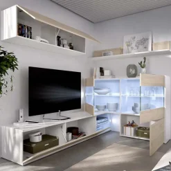 Parete attrezzata componibile 260x175h cm rovere bianco lucido Emily