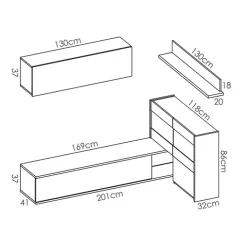 Parete attrezzata componibile 260x175h cm rovere bianco lucido Emily