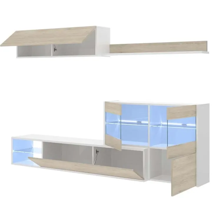 Parete attrezzata componibile 260x175h cm rovere bianco lucido Emily