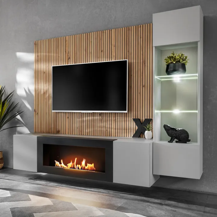 Parete attrezzata con biocamino 200x150h cm pannello effetto cannettato grigio perla rovere Luvox
