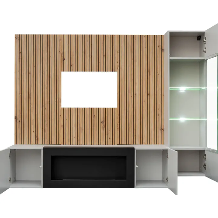 Parete attrezzata con biocamino 200x150h cm pannello effetto cannettato grigio perla rovere Luvox