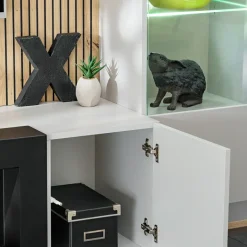 Parete attrezzata con biocamino 200x150h cm pannello effetto cannettato grigio perla rovere Luvox