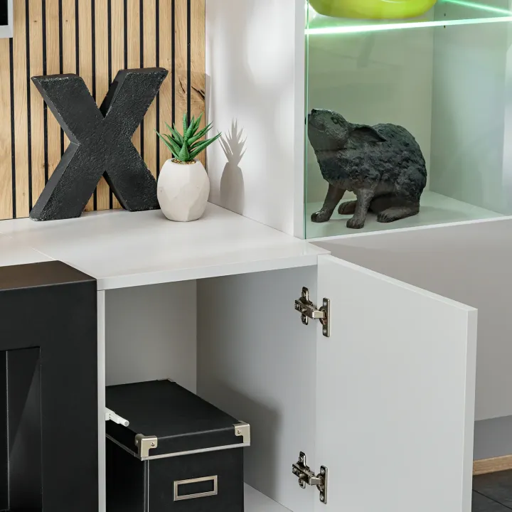 Parete attrezzata con biocamino 200x150h cm pannello effetto cannettato grigio perla rovere Luvox