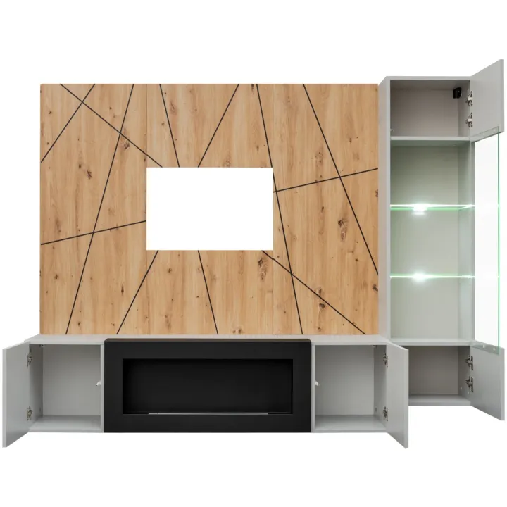 Parete attrezzata con biocamino 200x150h cm pannello effetto geometrico grigio perla rovere Luvox