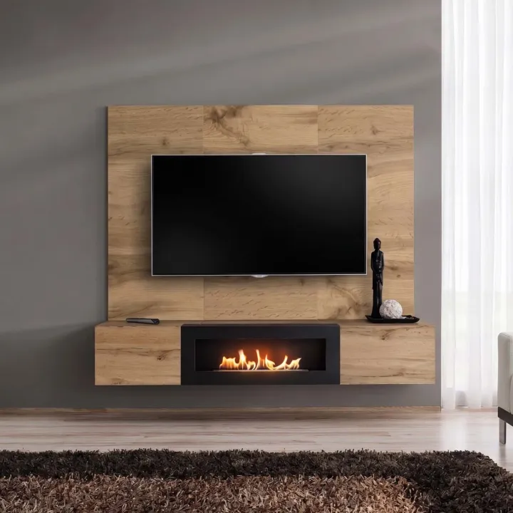 Parete attrezzata con biocamino 180x148h cm con 2 ante a ribalta rovere Geo 20