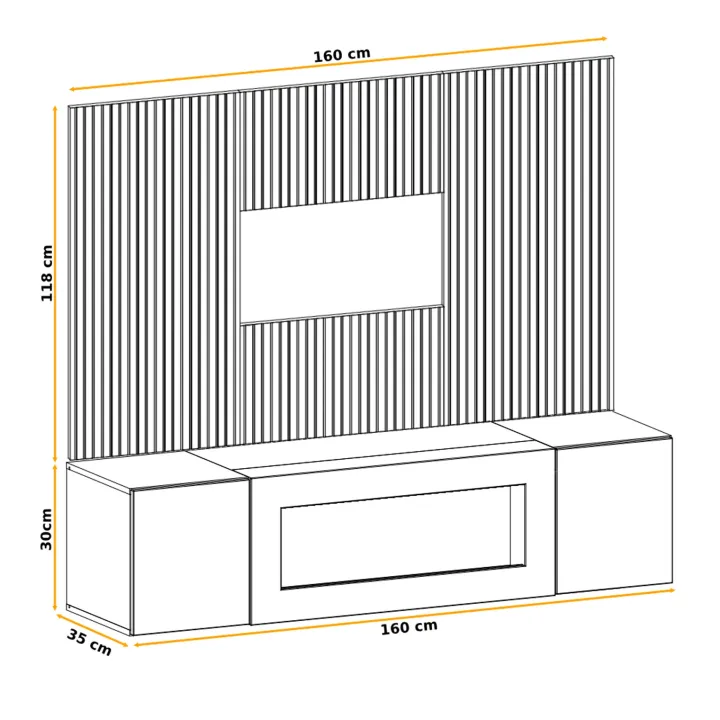 Parete attrezzata con biocamino 160x120h cm pannello effetto cannettato grigio perla rovere Luvox