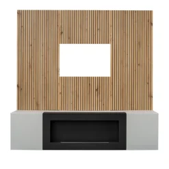 Parete attrezzata con biocamino 160x120h cm pannello effetto cannettato grigio perla rovere Luvox