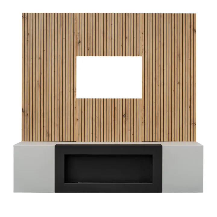 Parete attrezzata con biocamino 160x120h cm pannello effetto cannettato grigio perla rovere Luvox
