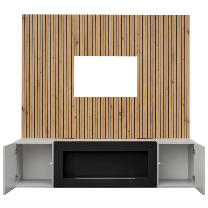 Parete attrezzata con biocamino 160x120h cm pannello effetto cannettato grigio perla rovere Luvox