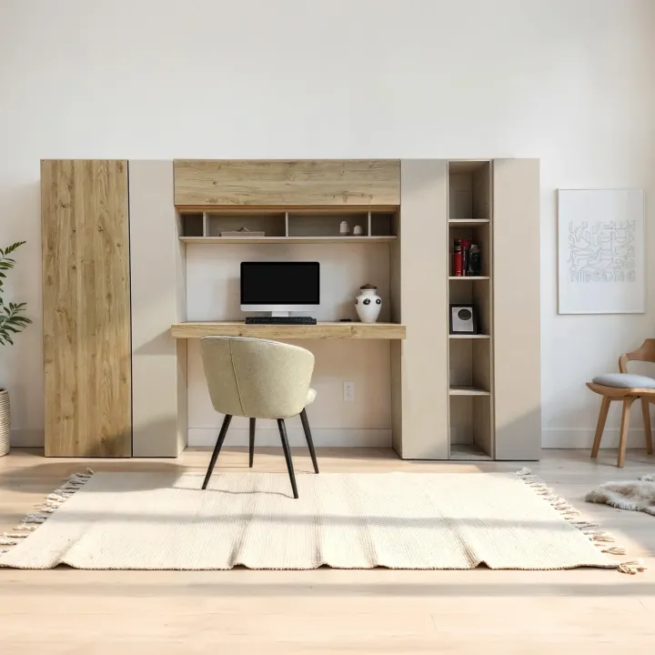 Parete attrezzata con scrivania 305x186h cm beige cashmere rovere chiaro Sunset 1029