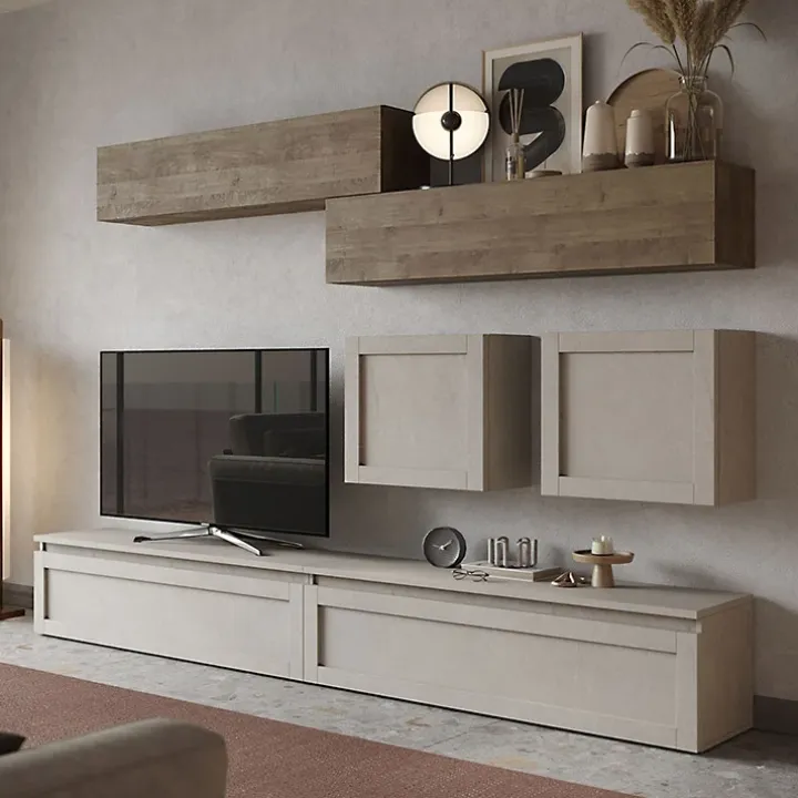 Parete attrezzata con telaio 276x190h cm soggiorno tortora rovere scuro Sunset 1