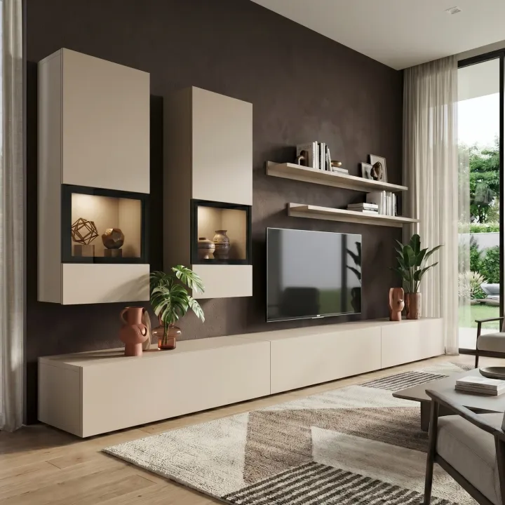 Parete attrezzata moderna 270x176h cm beige cashmere Emotion Gihome®