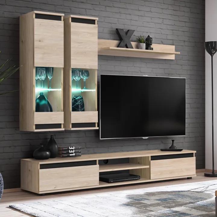 Parete attrezzata soggiorno 175x150h cm moderna rovere naturale nero Siviglia