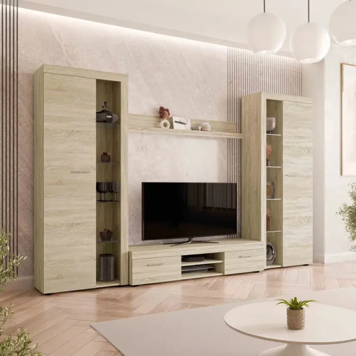 Parete attrezzata soggiorno 300x190h cm con porta tv rovere Haarlem
