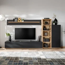 Parete attrezzata soggiorno 240x130h cm moderna nero opaco rovere Definity